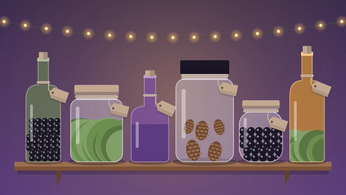 A shelf of mismatched glass jars and bottles filled with moss, pinecones and dark beads, with blank kraft tags tied on