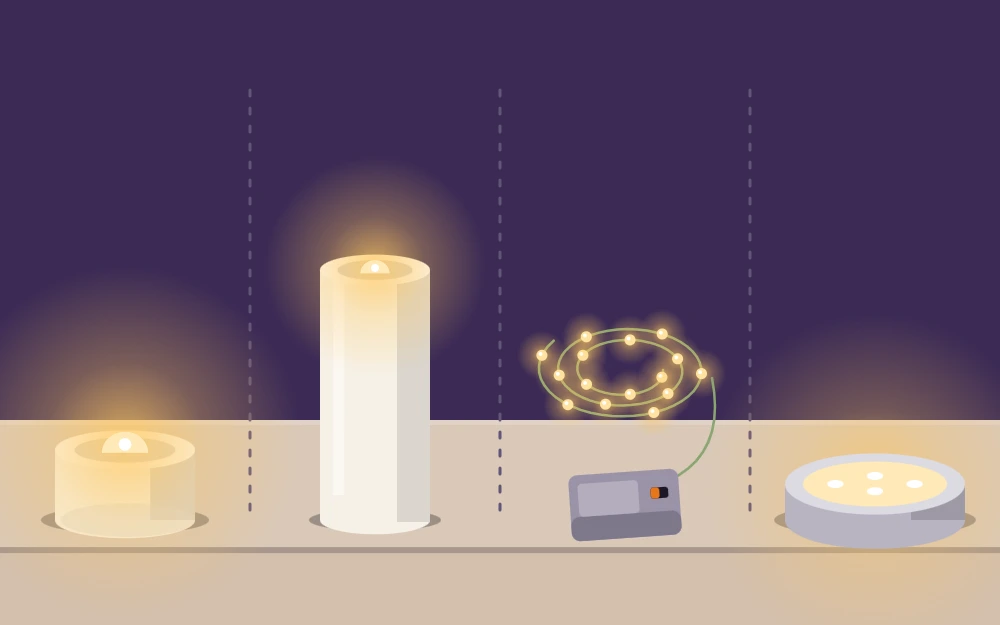 A battery tea light, a flameless pillar candle, a fairy-light string and a puck light