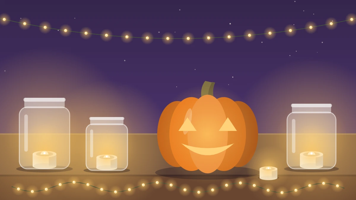 A dark tabletop glowing with battery tea lights in jars, a string of tiny warm lights and a softly lit pumpkin