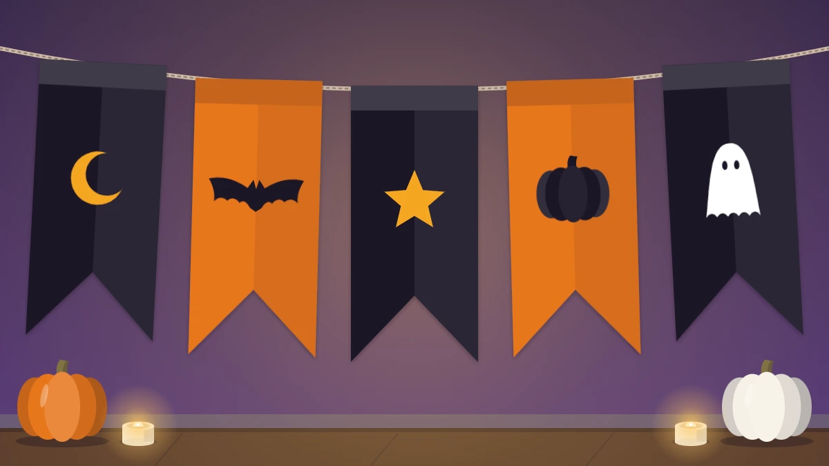 A banner of black and orange swallowtail pennants with a moon, bat, star, pumpkin and ghost