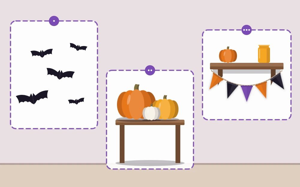 Room diagram with three decorated zones: bats on a wall, tabletop pumpkins and a garland across a shelf
