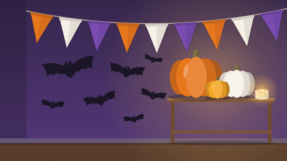 Cozy room corner at dusk with paper bats on the wall, small pumpkins on a side table and a paper garland