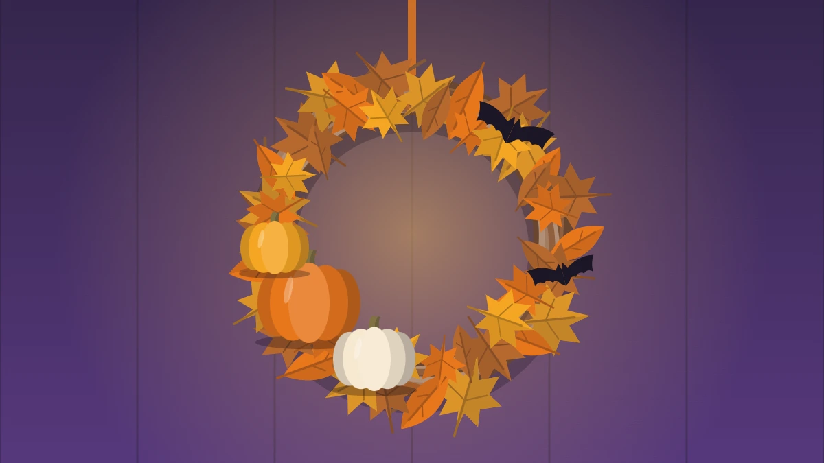 A grapevine wreath with layered orange and rust leaves, three small pumpkins at the lower left and two small black bats