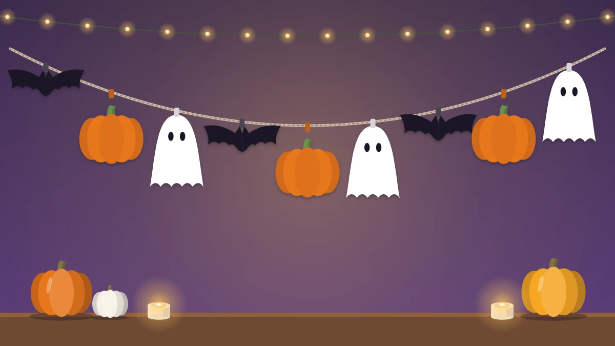 A felt garland strung across a wall with alternating black bats, orange pumpkins and white ghosts on natural twine