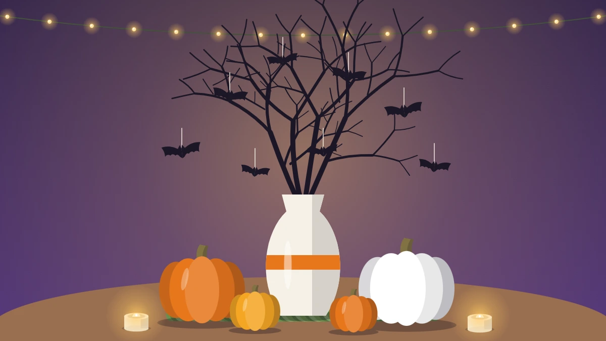 A tall vase of bare black branches hung with small paper bats, with pumpkins and moss around the base on a round table