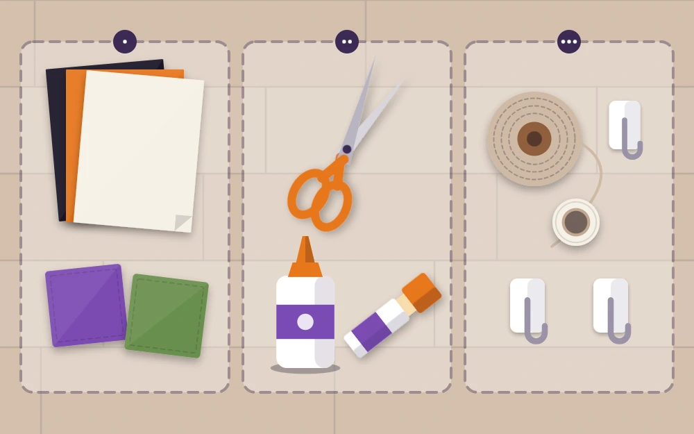 Craft supplies sorted into three groups: paper and felt sheets, cutting and gluing tools, twine and adhesive hooks