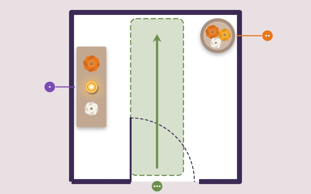 A hallway floor plan from above with a clear path, a console and a corner pumpkin basket