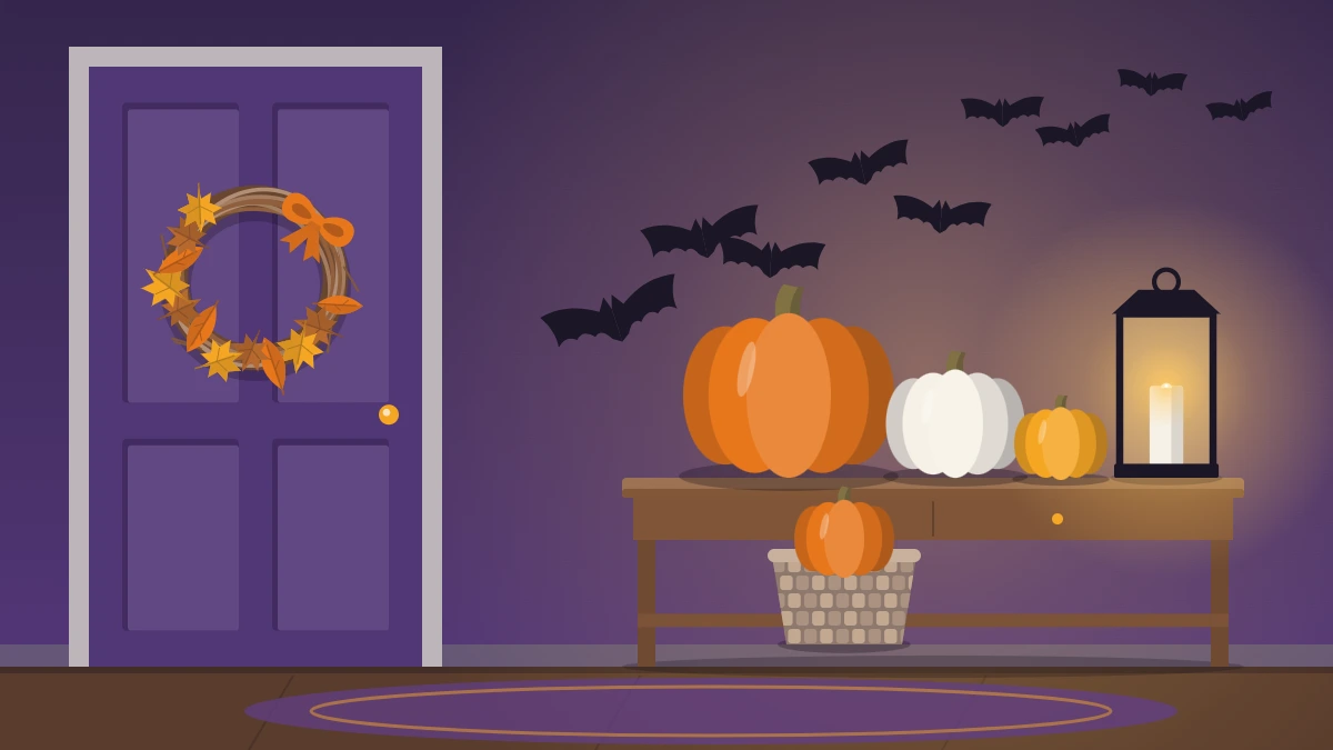 A narrow hallway with pumpkins and a lantern on a console, a door wreath and paper bats on the wall