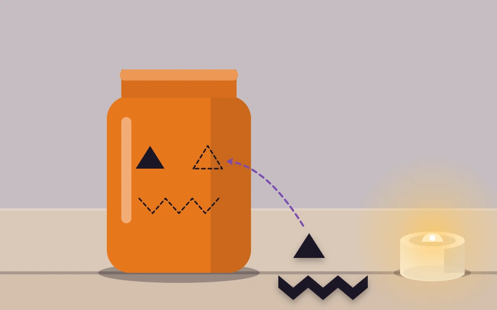 Black paper triangle eyes and a zigzag mouth placed on a tissue-covered jar beside a battery tea light