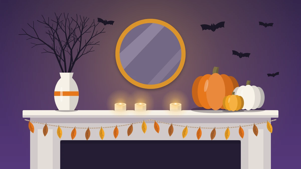 A decorated mantel with a round mirror, a vase of bare black branches, grouped pumpkins, paper bats and a garland along the edge