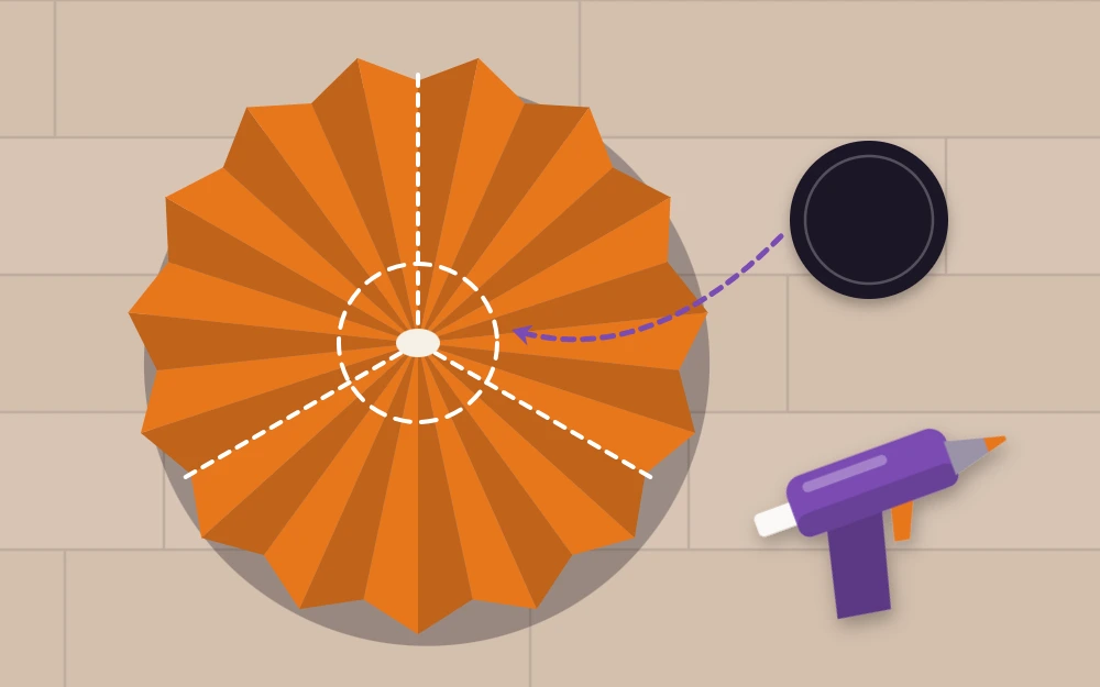 Three pleated strips joined into a full circle with a round center disc being glued on