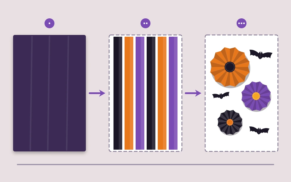 A backdrop diagram in three layers: dark base sheet, vertical streamers, round fans and bats