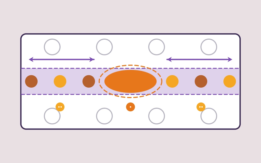 Overhead table layout with center runner, low centerpiece and small repeated elements toward both ends