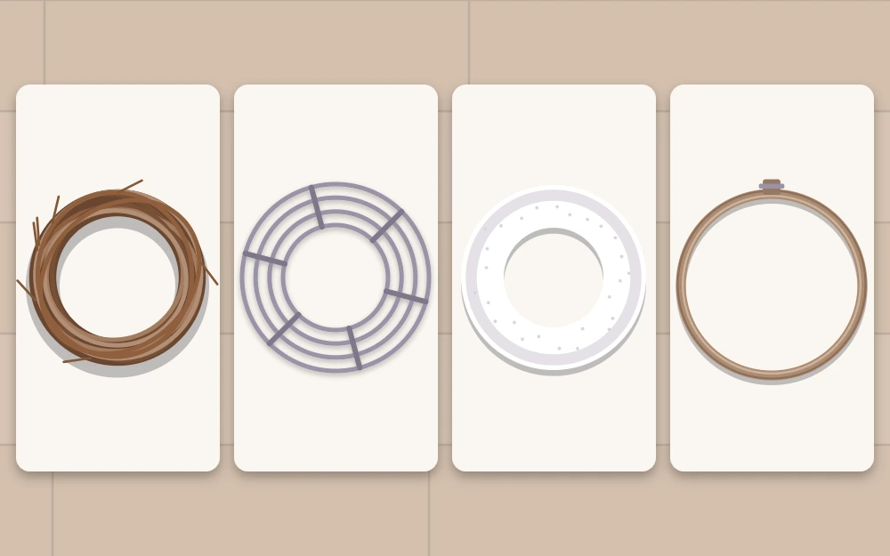 Four wreath bases side by side: grapevine ring, flat wire frame, foam ring and wooden embroidery hoop