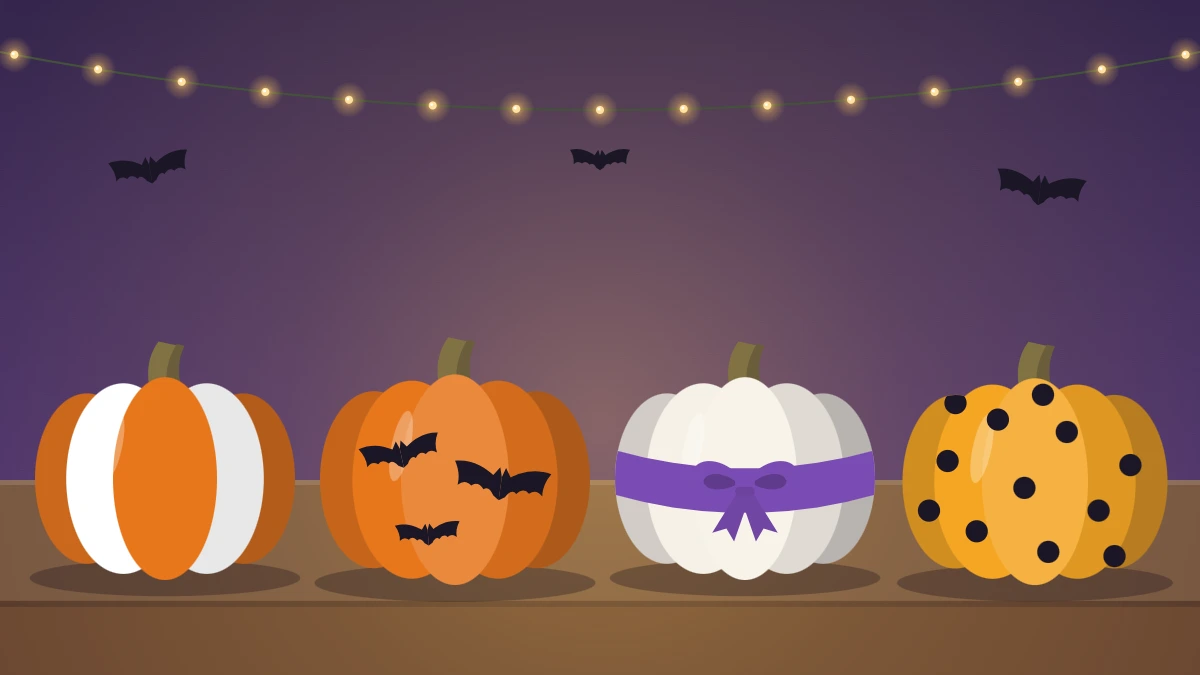 Four uncarved pumpkins in a row with painted stripes, paper bats, a ribbon wrap and a dotted pattern