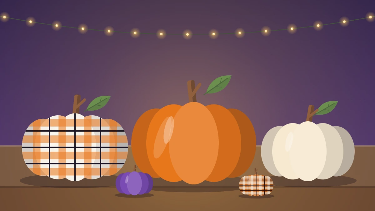 A group of plump fabric pumpkins in plaid, orange velvet and cream with twig stems and felt leaves