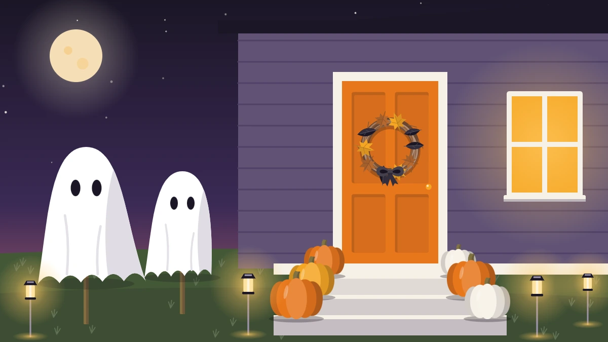 A front porch at dusk with pumpkins on the steps, a door wreath, two fabric ghosts and solar path lights