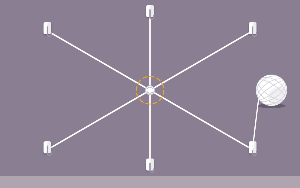 Six yarn spokes radiating from a center knot to anchor points on a wall